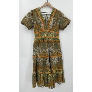 BTFL Dress Womens Small Green Orange Ruffle Crochet Coquet Garden Preppy